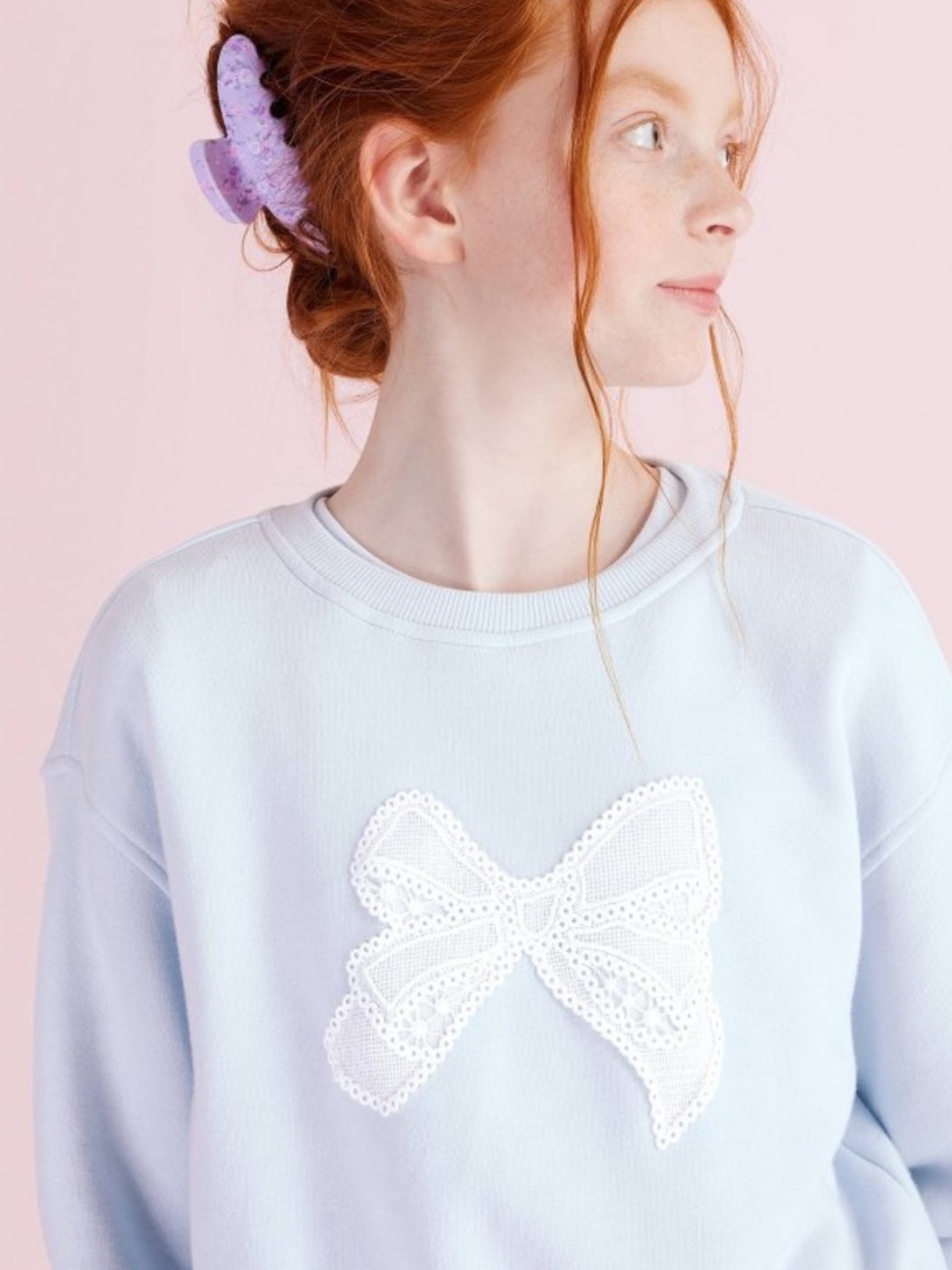 LoveShackFancy x Target Girls Blue Sweatshirt with White Lace Bow NWT